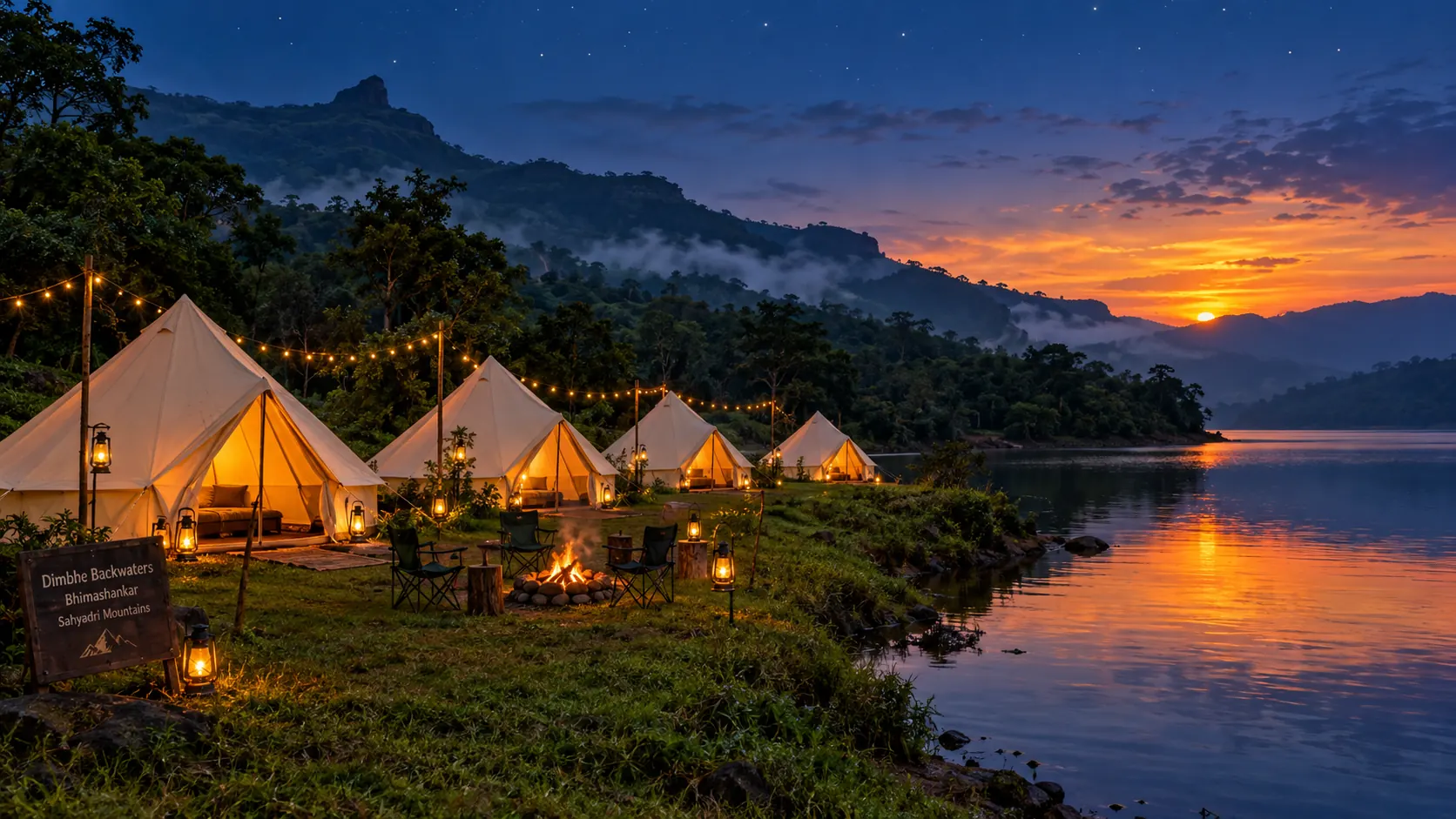 Lake-side tents with lanterns at Dimbhe dam backwaters at dusk