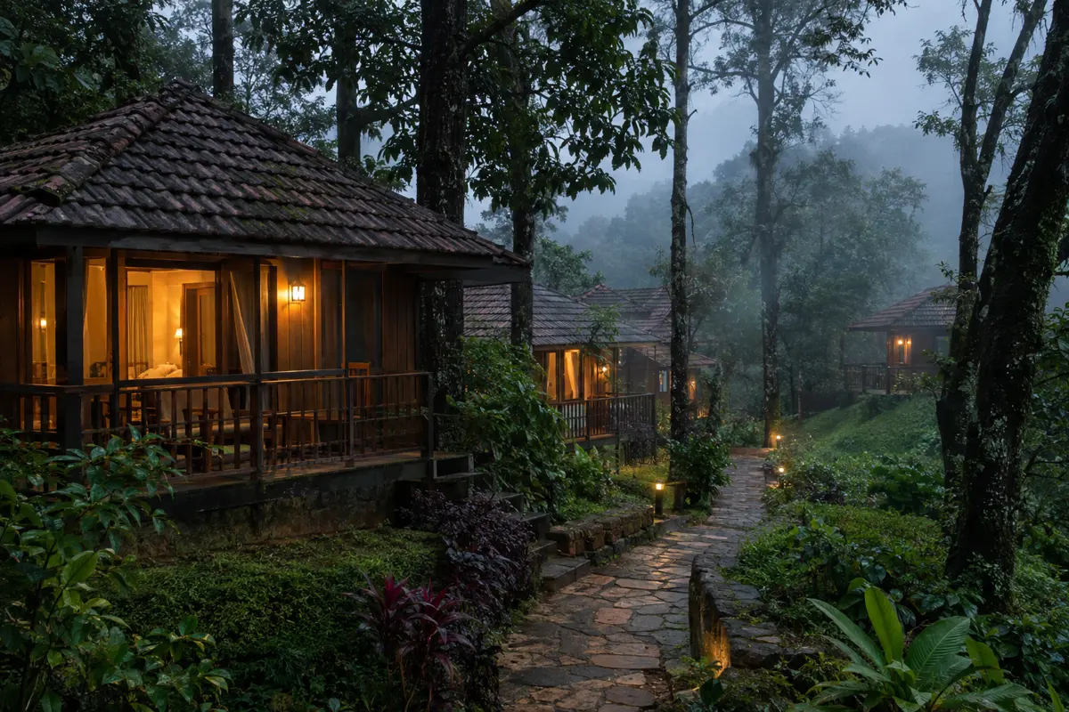Forest cottages lit at dusk